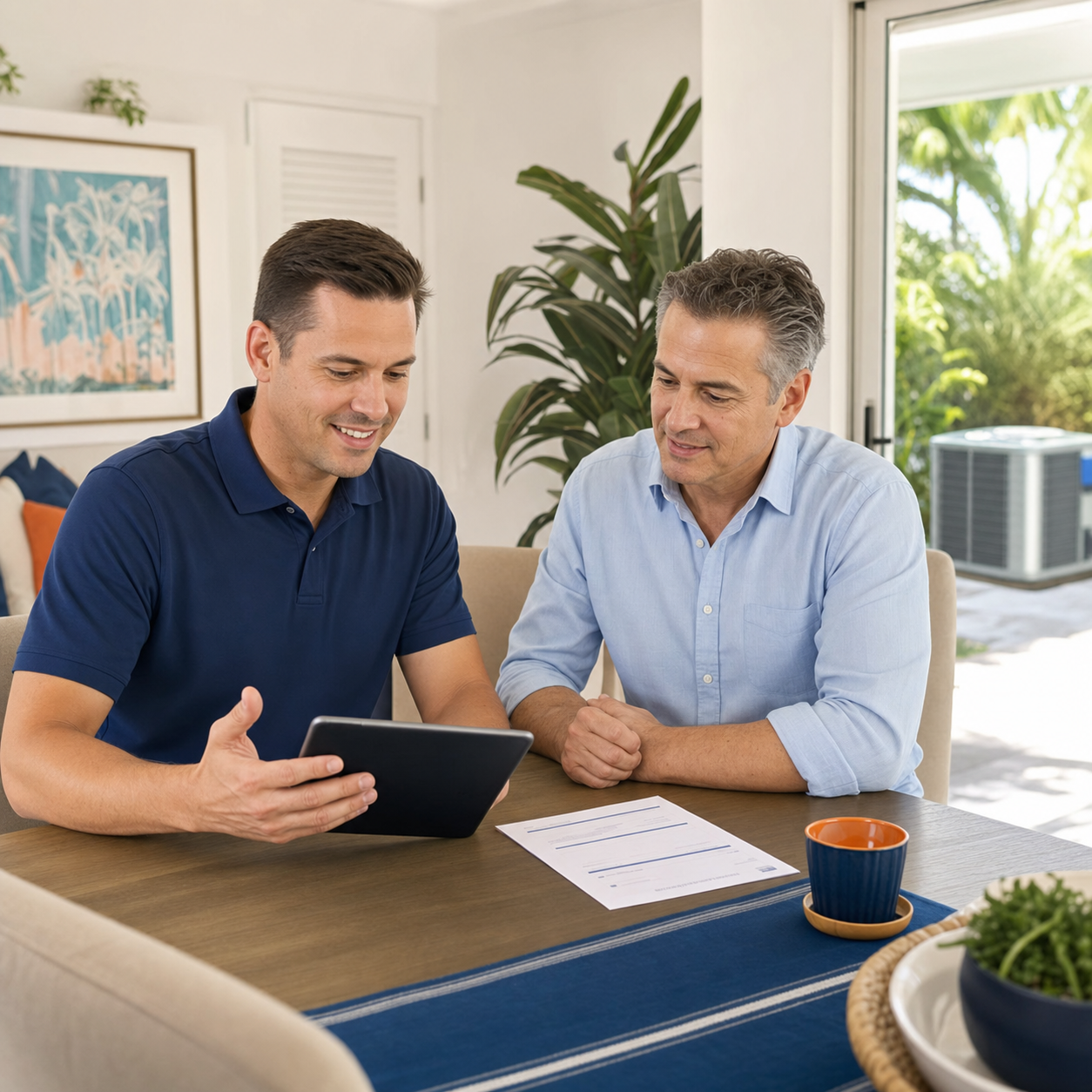 HVAC consultant helping a homeowner review financing options
